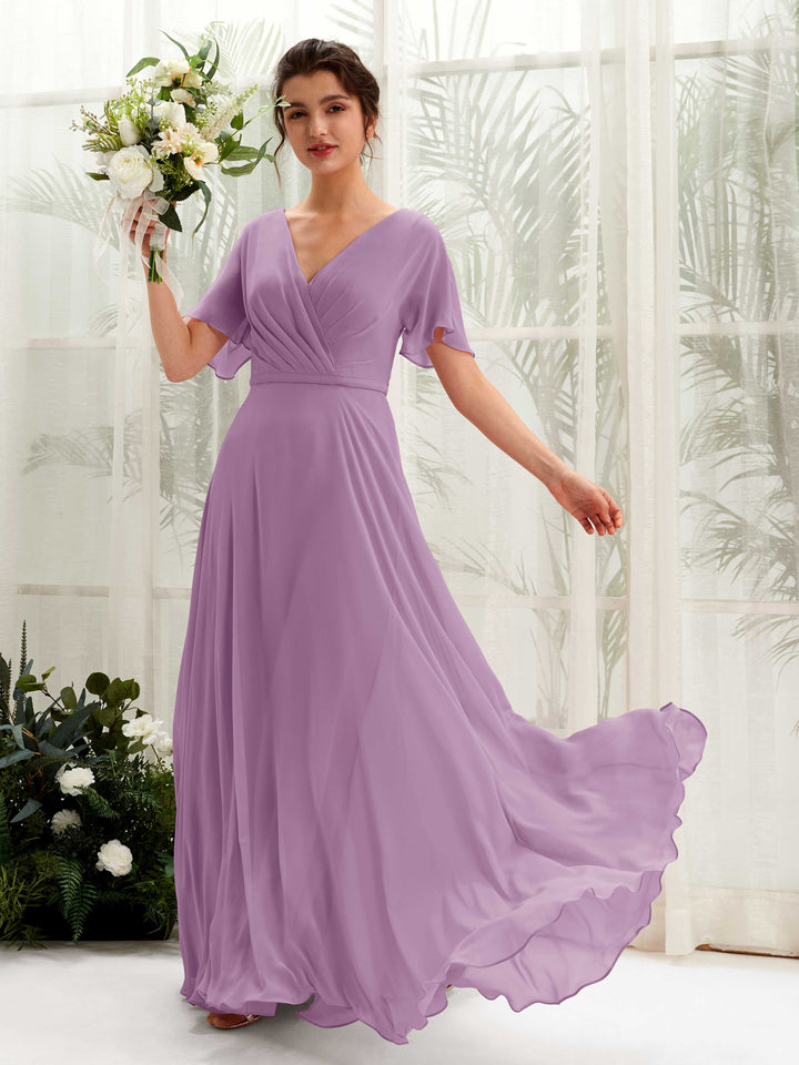 Orchid Mist Bridesmaid Dresses Bridesmaid Dress A-line Chiffon V-neck Full Length Short Sleeves Wedding Party Dress (81224621)