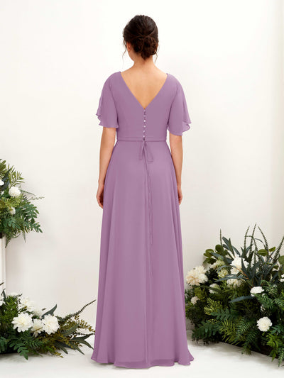Carlyna Daphne A-Line Orchid Mist Bridesmaid Dress Maxi Short Sleeve V-Neck Dress Back View #color_orchid-mist