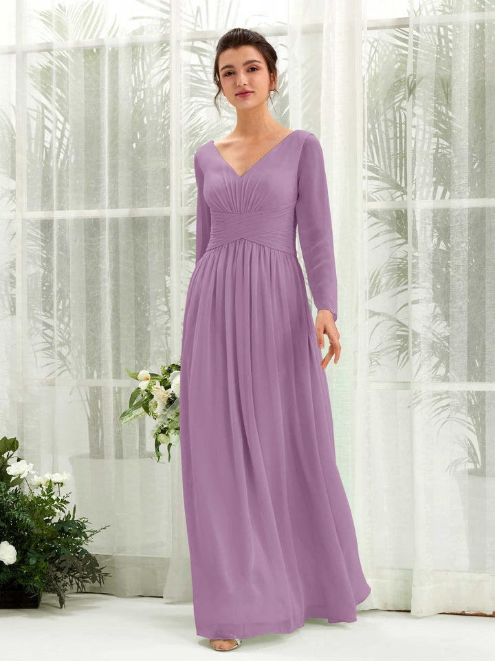 Orchid Mist Bridesmaid Dresses Bridesmaid Dress A-line Chiffon V-neck Full Length Long Sleeves Wedding Party Dress (81220321)