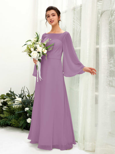 Carlyna Elie A-Line Orchid Mist Bridesmaid Dress Maxi Long Sleeve Boat Neck Front View #color_orchid-mist