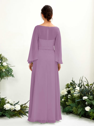 Carlyna Elie A-Line Orchid Mist Bridesmaid Dress Maxi Long Sleeve Boat Neck Back View #color_orchid-mist