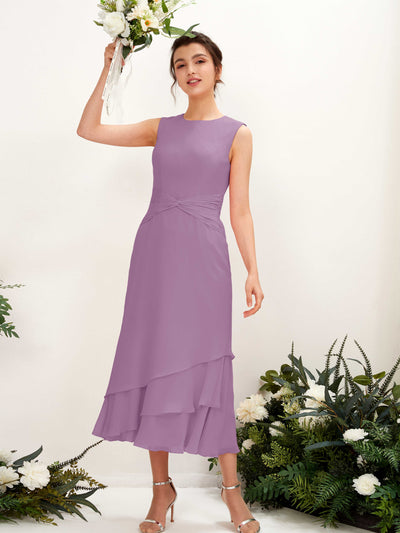 Carlyna Raina Mermaid Orchid Mist Bridesmaid Dress Midi Sleeveless Round Neck Dress Front View #color_orchid-mist
