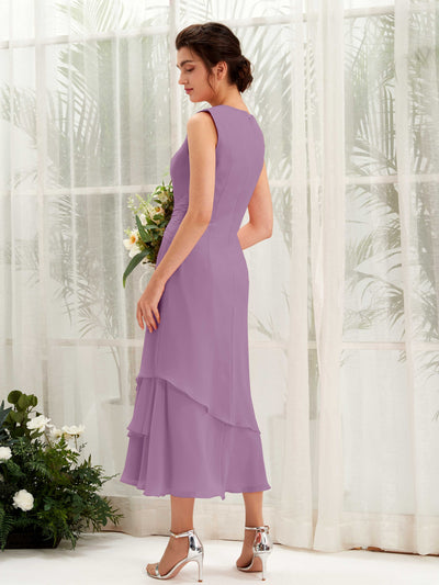 Carlyna Raina Mermaid Orchid Mist Bridesmaid Dress Midi Sleeveless Round Neck Dress Back View #color_orchid-mist