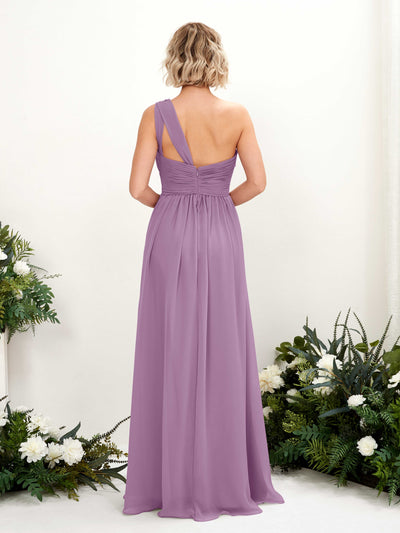 Carlyna Flaze A-Line Orchid Mist Bridesmaid Dress Maxi Sleeveless One Shoulder Dress Back View #color_orchid-mist
