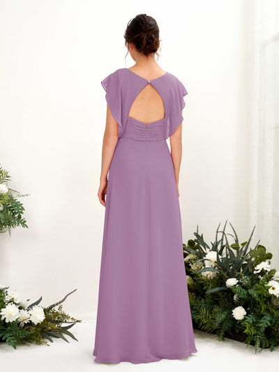 Carlyna Annie A-Line Orchid Mist Bridesmaid Dress Maxi Cap Sleeve V-Neck Dress Back View #color_orchid-mist
