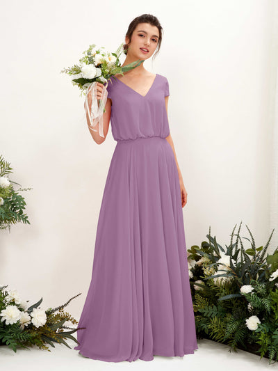 Carlyna Pauline A-Line Orchid Mist Bridesmaid Dress Maxi Cap Sleeve V-Neck Dress Front View #color_orchid-mist