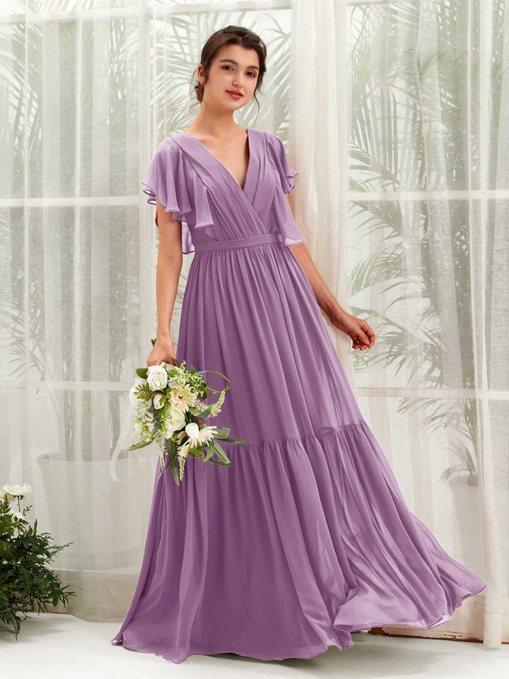 Orchid Mist Bridesmaid Dresses Bridesmaid Dress A-line Chiffon V-neck Full Length Short Sleeves Wedding Party Dress (81225921)