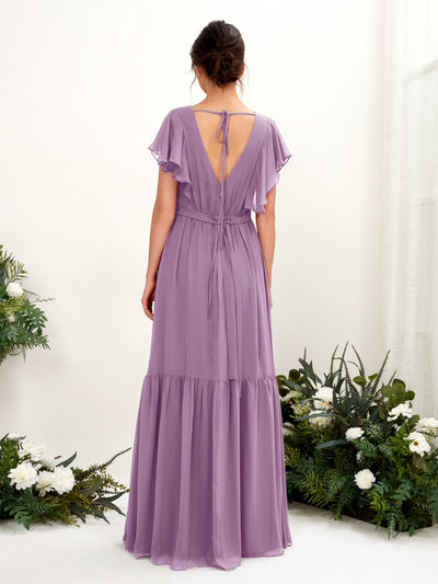 Carlyna Chaya A-Line Orchid Mist Bridesmaid Dress Maxi Cap Sleeve V-Neck Dress Back View #color_orchid-mist