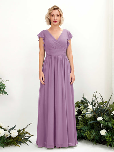 Carlyna Grino A-Line Orchid Mist Bridesmaid Dress Maxi Cap Sleeve V-Neck Dress Front View #color_orchid-mist