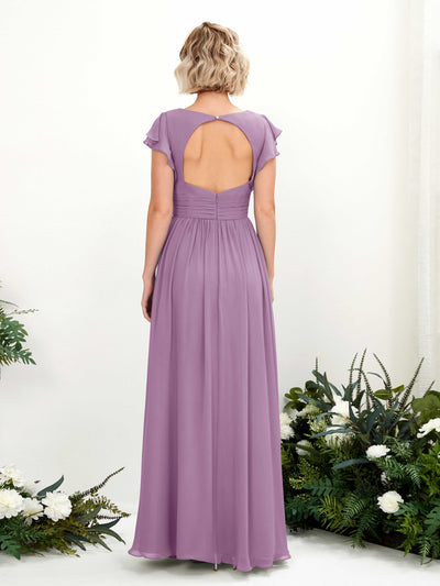 Carlyna Grino A-Line Orchid Mist Bridesmaid Dress Maxi Cap Sleeve V-Neck Dress Back View #color_orchid-mist
