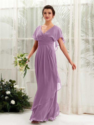 Carlyna Darlene A-Line Orchid Mist Bridesmaid Dress Maxi Short Sleeve V-Neck Dress Front View #color_orchid-mist