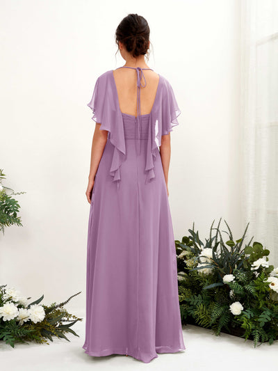 Carlyna Darlene A-Line Orchid Mist Bridesmaid Dress Maxi Short Sleeve V-Neck Dress Back View #color_orchid-mist