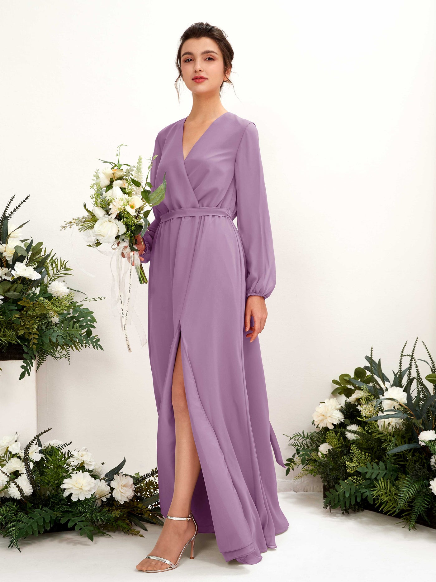 Orchid Mist Bridesmaid Dresses Bridesmaid Dress A-line Chiffon V-neck Full Length Long Sleeves Wedding Party Dress (81223221)#color_orchid-mist