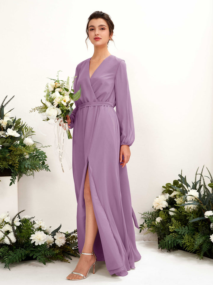 Orchid Mist Bridesmaid Dresses Bridesmaid Dress A-line Chiffon V-neck Full Length Long Sleeves Wedding Party Dress (81223221)
