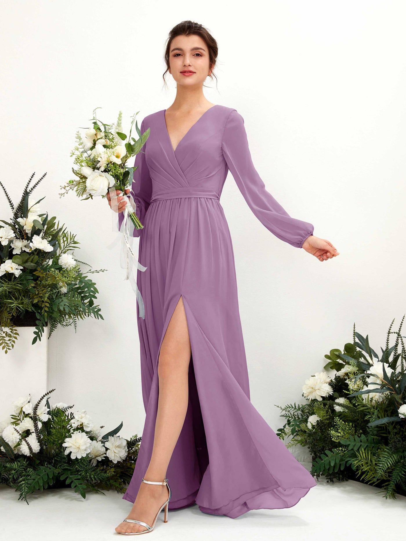 Orchid Mist Bridesmaid Dresses Bridesmaid Dress A-line Chiffon V-neck Full Length Long Sleeves Wedding Party Dress (81223821)#color_orchid-mist