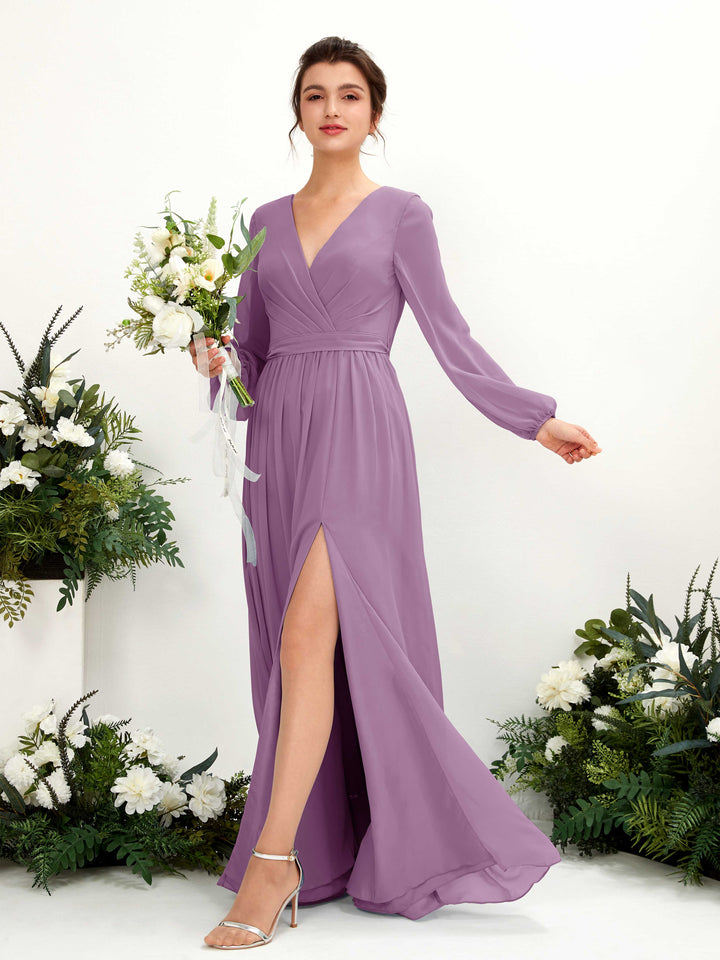 Orchid Mist Bridesmaid Dresses Bridesmaid Dress A-line Chiffon V-neck Full Length Long Sleeves Wedding Party Dress (81223821)
