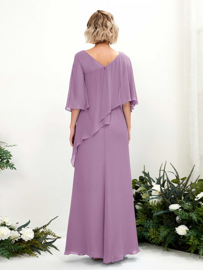 Carlyna Violaine A-Line Orchid Mist Bridesmaid Dress Maxi Three Quarter Sleeve V-Neck Dress Back View #color_orchid-mist