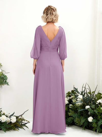 Carlyna Antonia A-Line Orchid Mist Bridesmaid Dress Maxi Three Quarter Sleeve V-Neck Dress Back View #color_orchid-mist