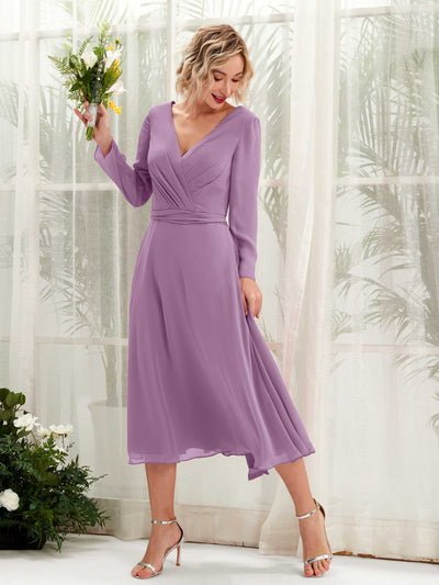 Carlyna Joanna A-Line Orchid Mist Bridesmaid Dress Midi Long Sleeve V-Neck Front View #color_orchid-mist