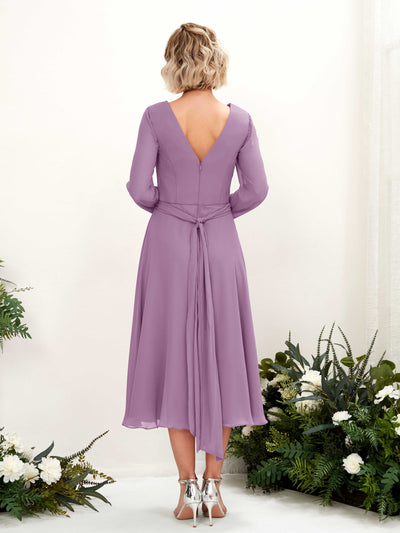 Carlyna Joanna A-Line Orchid Mist Bridesmaid Dress Midi Long Sleeve V-Neck Back View #color_orchid-mist