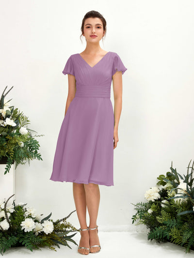 Carlyna Betty A-Line Orchid Mist Bridesmaid Dress Knee-Length Short Sleeve V-Neck Dress Front View #color_orchid-mist