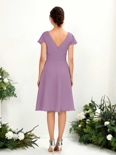 Carlyna Betty A-Line Orchid Mist Bridesmaid Dress Knee-Length Short Sleeve V-Neck Dress Back View #color_orchid-mist