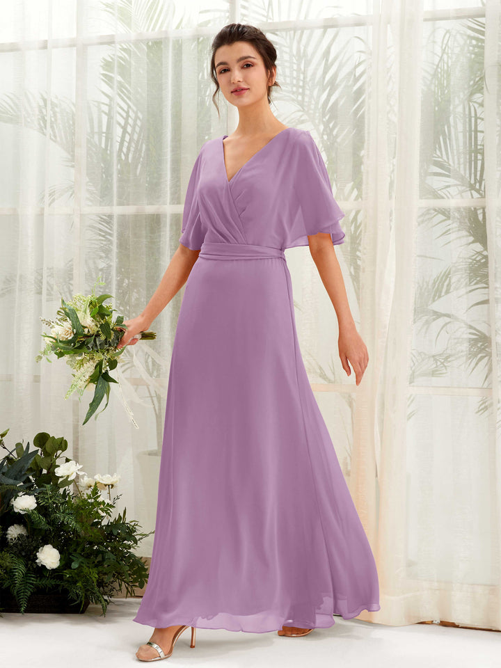 Orchid Mist Bridesmaid Dresses Bridesmaid Dress A-line Chiffon V-neck Full Length Short Sleeves Wedding Party Dress (81222421)