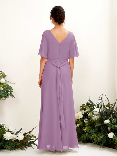 Carlyna Merta A-Line Orchid Mist Bridesmaid Dress Maxi Short Sleeve V-Neck Dress Back View #color_orchid-mist