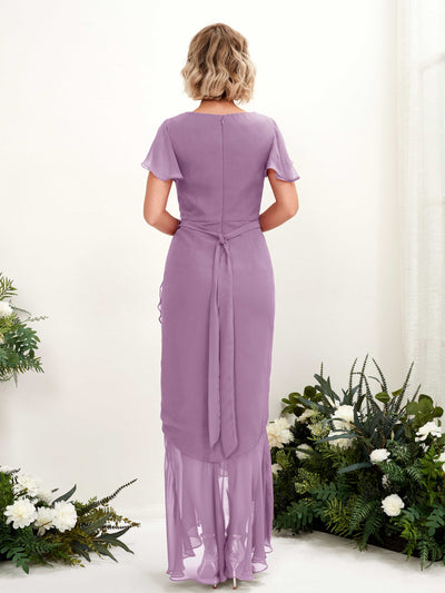Carlyna Eartha Mermaid Orchid Mist Bridesmaid Dress Maxi Cap Sleeve V-Neck Dress Back View #color_orchid-mist