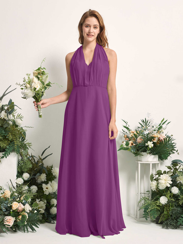 Purple Bridesmaid Dresses Bridesmaid Dress A-line Chiffon Halter Full Length Short Sleeves Wedding Party Dress (81226336)