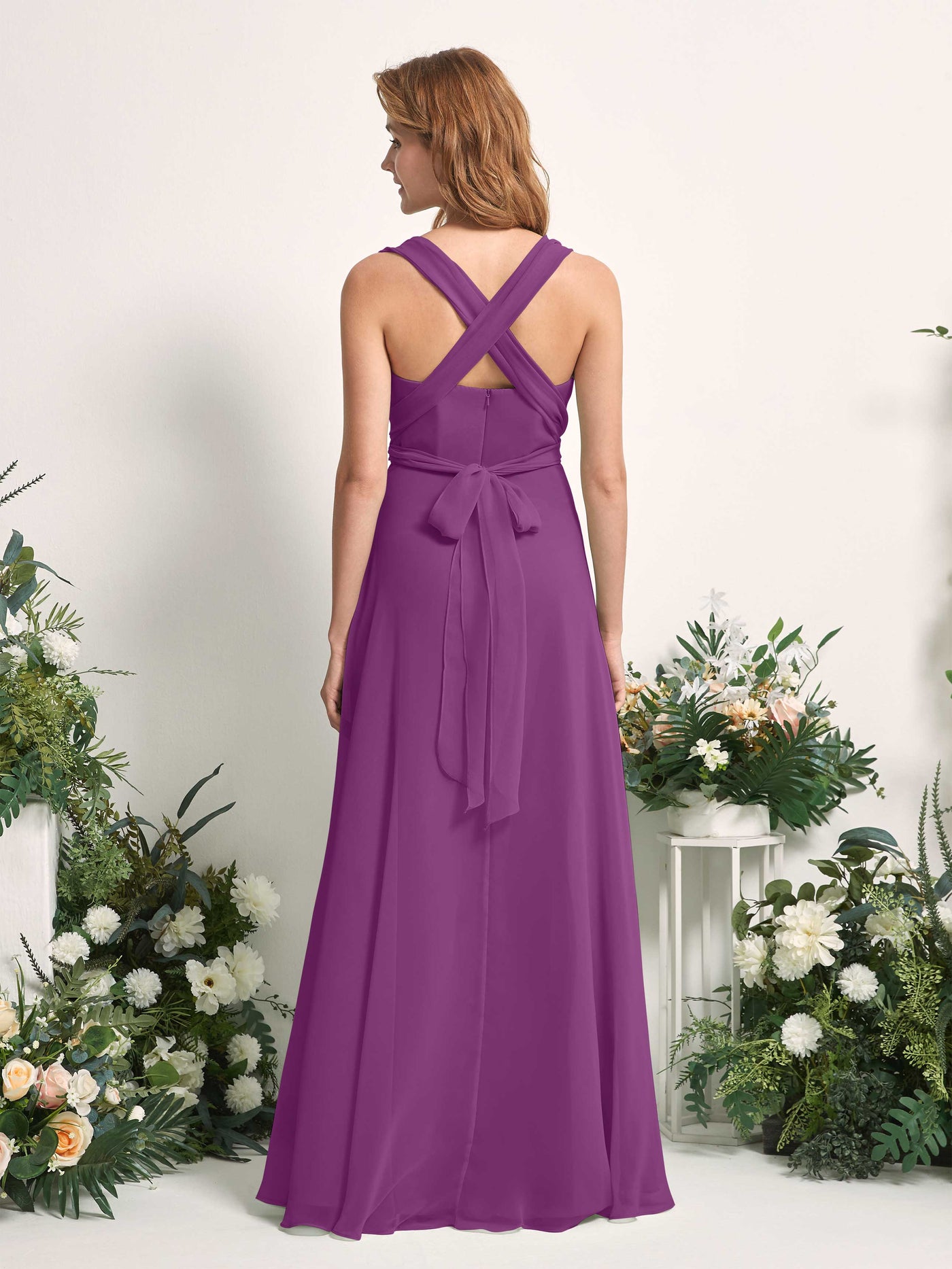 Purple Bridesmaid Dresses Bridesmaid Dress A-line Chiffon Halter Full Length Short Sleeves Wedding Party Dress (81226336)#color_purple