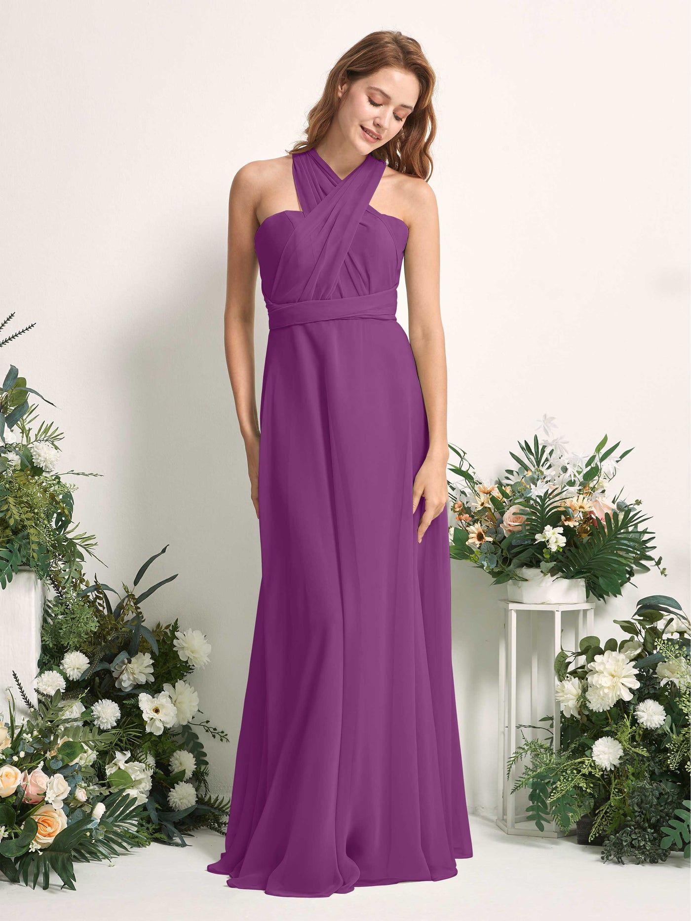 Purple Bridesmaid Dresses Bridesmaid Dress A-line Chiffon Halter Full Length Short Sleeves Wedding Party Dress (81226336)#color_purple