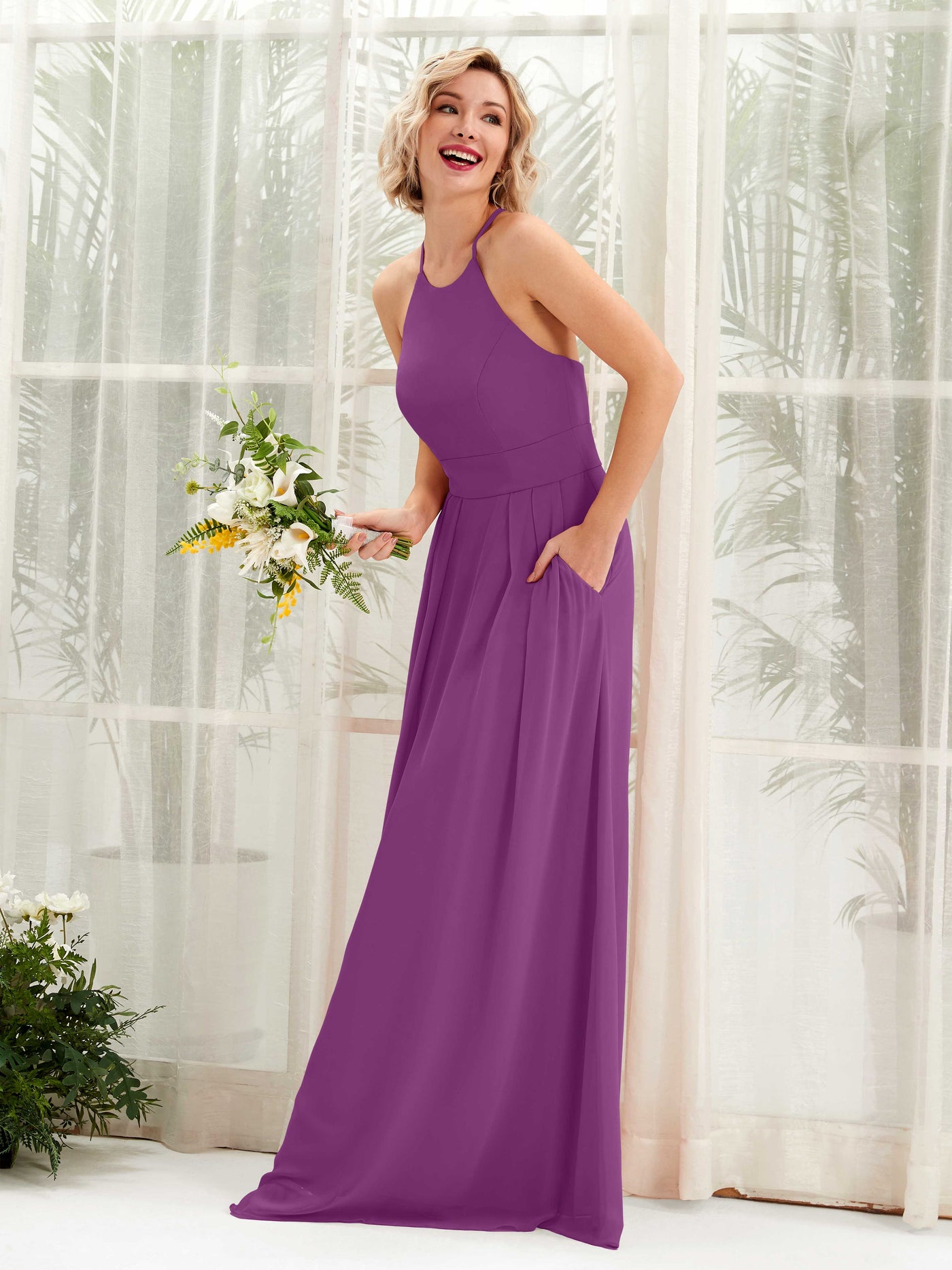 Purple Bridesmaid Dresses Bridesmaid Dress A-line Chiffon Halter Full Length Sleeveless Wedding Party Dress (81225236)#color_purple