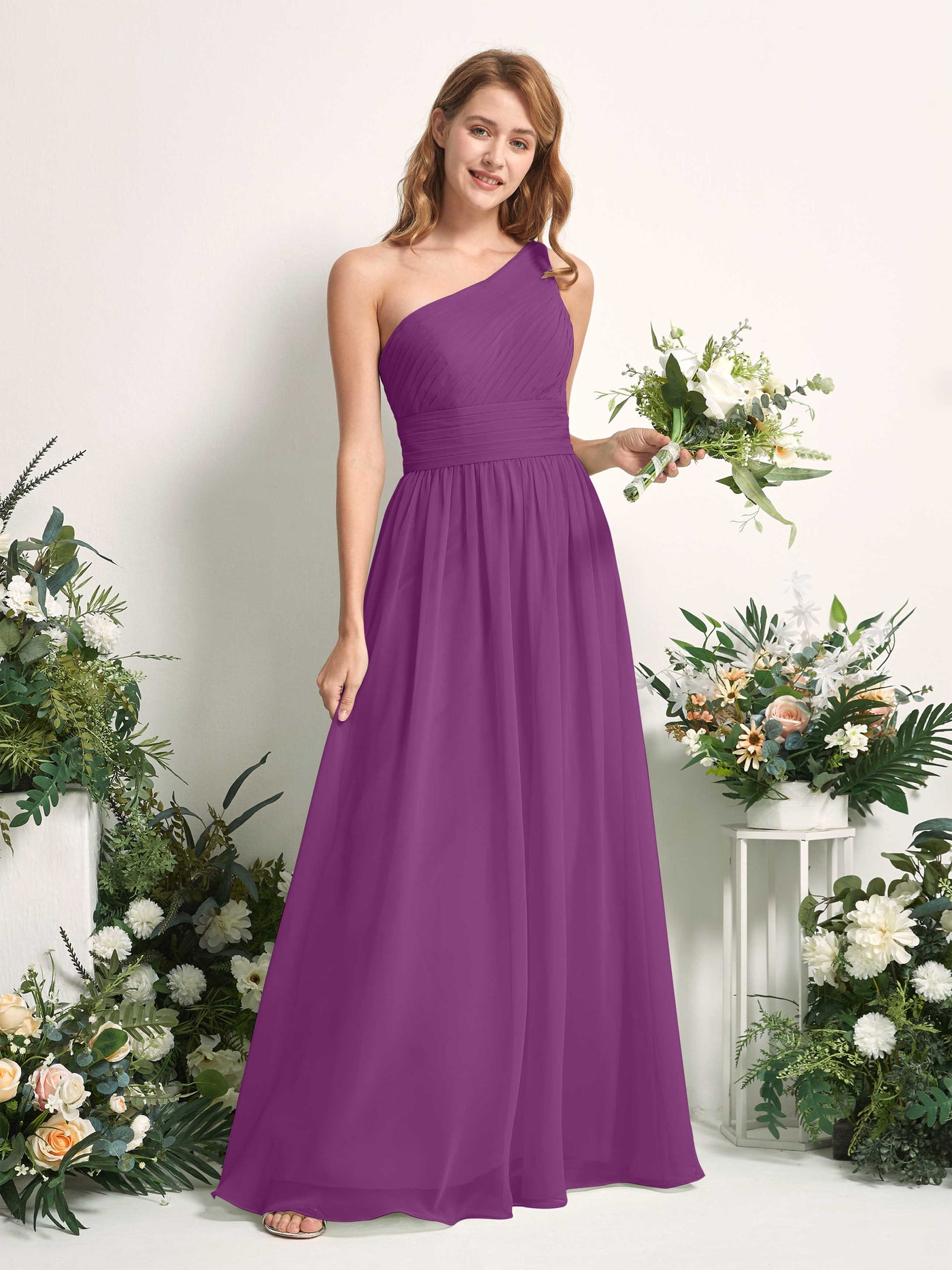 Bridesmaid Dress A-line Chiffon One Shoulder Full Length Sleeveless Wedding Party Dress - Purple (81226736)#color_purple