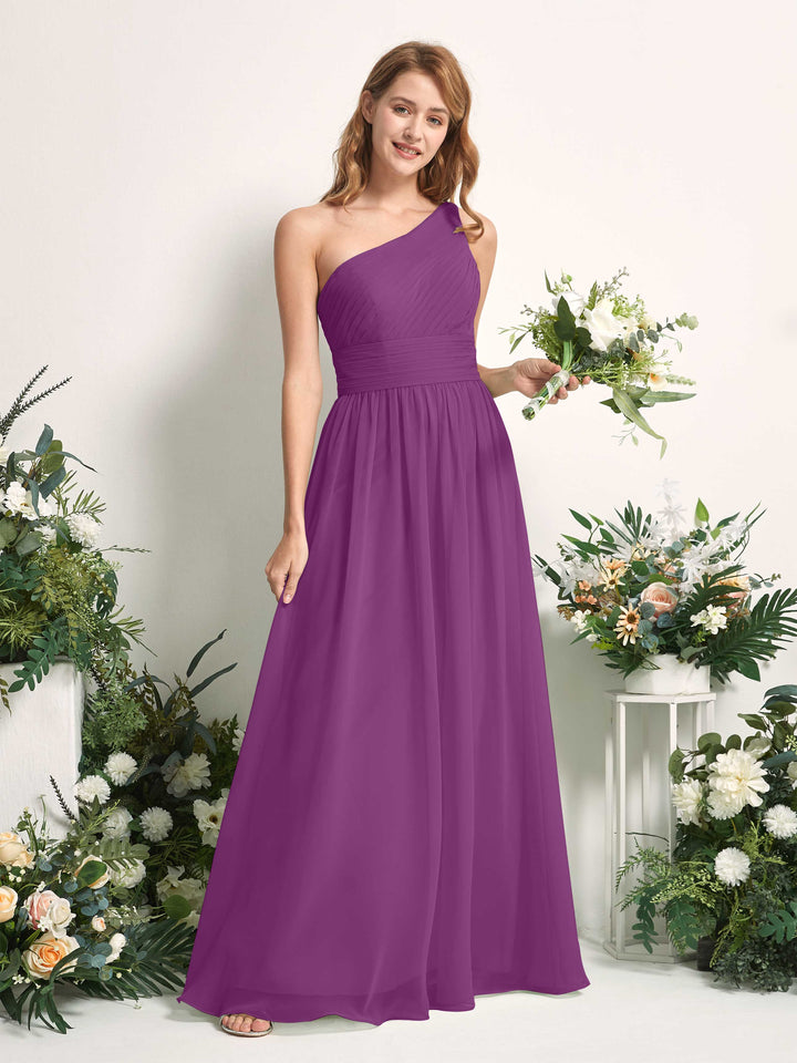 Bridesmaid Dress A-line Chiffon One Shoulder Full Length Sleeveless Wedding Party Dress - Purple (81226736)