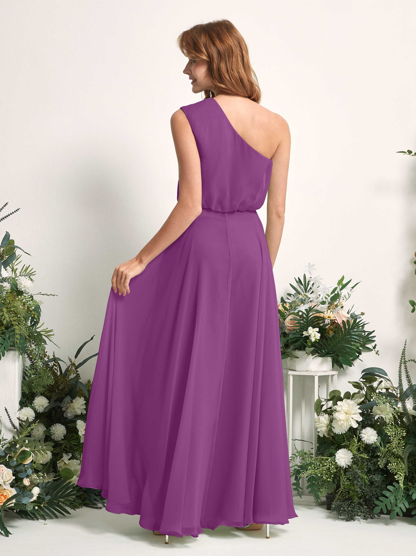 Bridesmaid Dress A-line Chiffon One Shoulder Full Length Sleeveless Wedding Party Dress - Purple (81226836)#color_purple