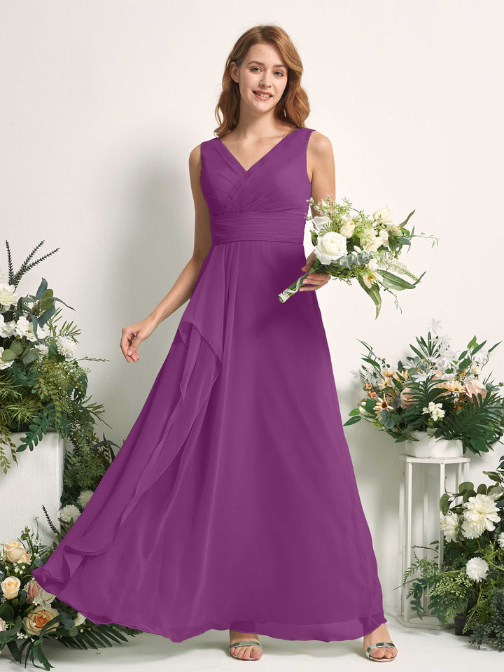 Bridesmaid Dress A-line Chiffon V-neck Full Length Sleeveless Wedding Party Dress - Purple (81227136)