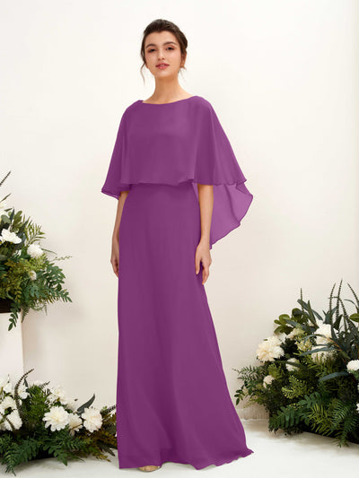 Carlyna Savin Sheath Purple Bridesmaid Dress Maxi Cap Sleeve Boat Neck Dress Front View #color_purple