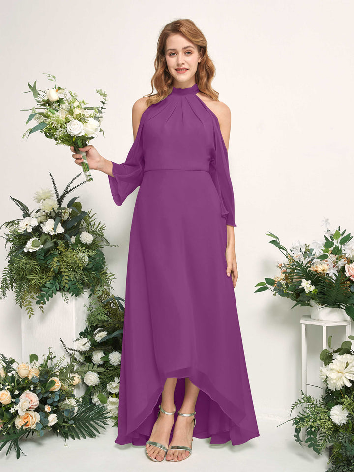 Bridesmaid Dress A-line Chiffon Halter High Low 3/4 Sleeves Wedding Party Dress - Purple (81227636)