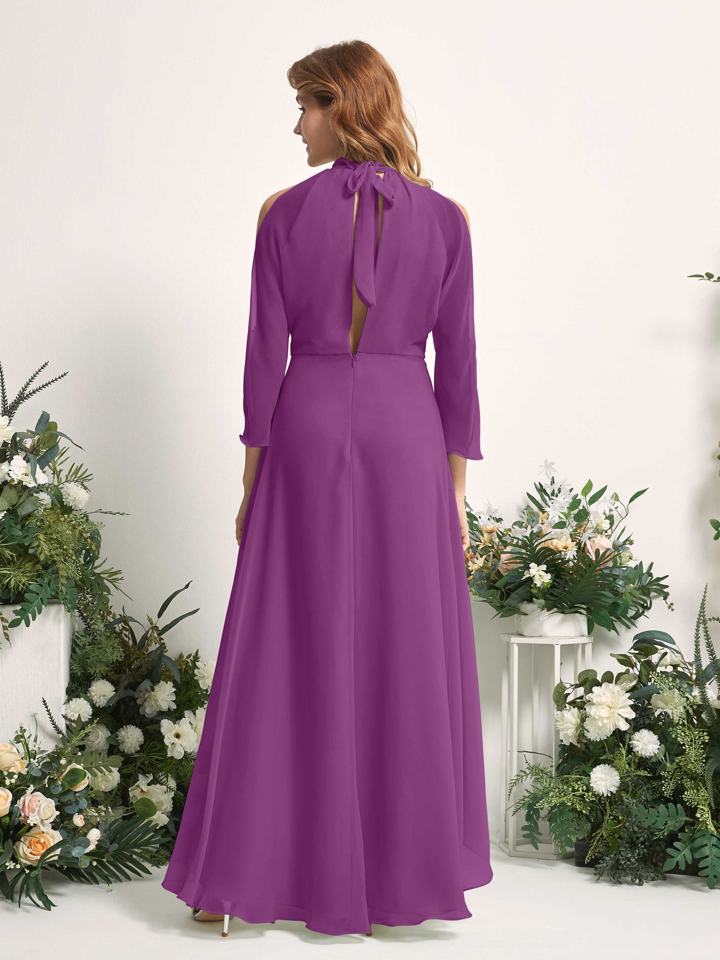 Bridesmaid Dress A-line Chiffon Halter High Low 3/4 Sleeves Wedding Party Dress - Purple (81227636)#color_purple