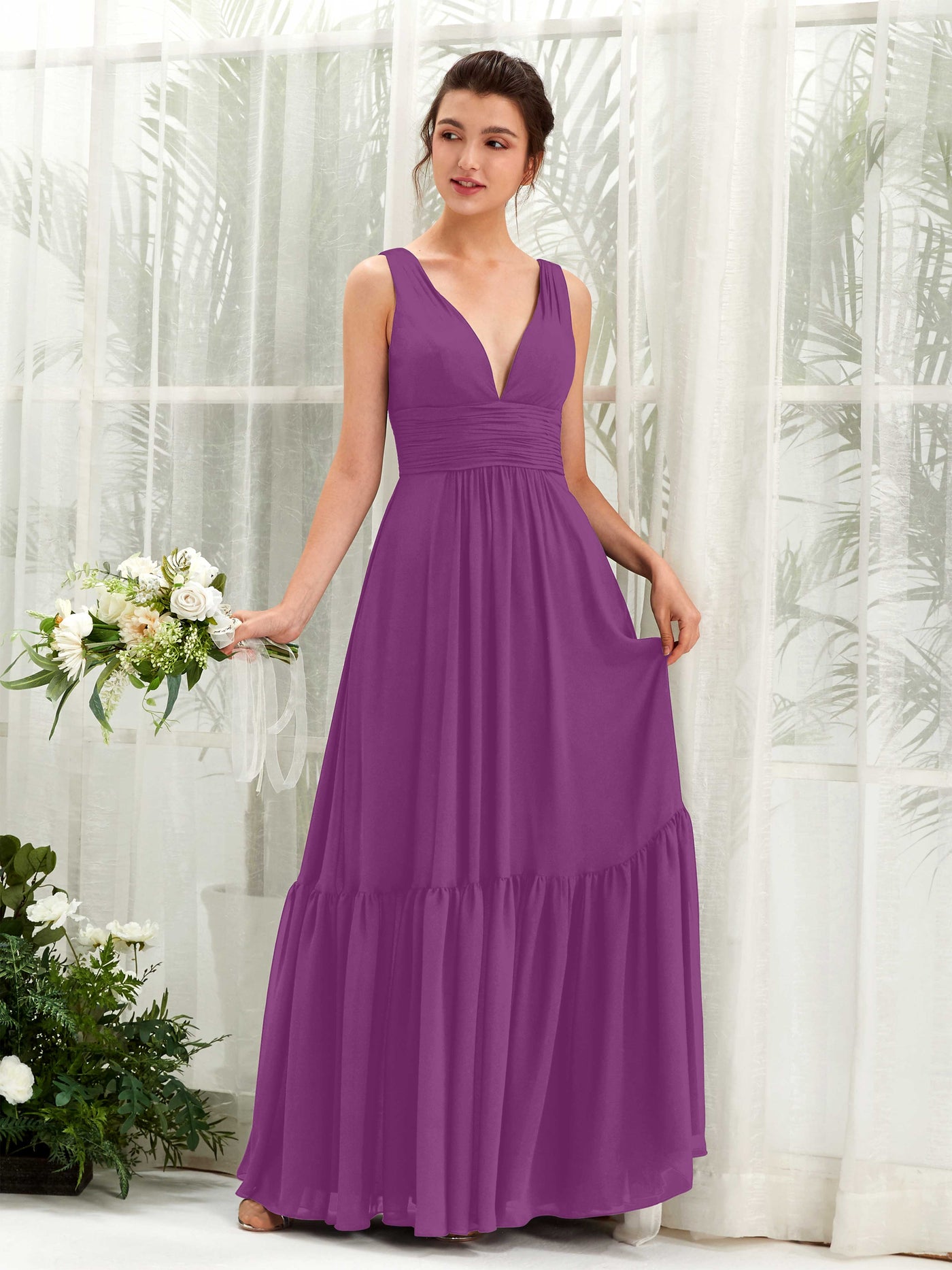 Purple Bridesmaid Dresses Bridesmaid Dress A-line Chiffon Straps Full Length Sleeveless Wedding Party Dress (80223736)#color_purple