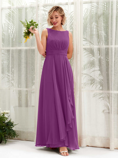 Carlyna Brianna A-Line Purple Bridesmaid Dress Maxi Sleeveless Boat Neck Dress Front View #color_purple