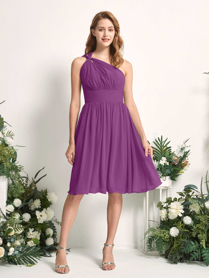 Bridesmaid Dress A-line Chiffon One Shoulder Knee Length Sleeveless Wedding Party Dress - Purple (81221236)