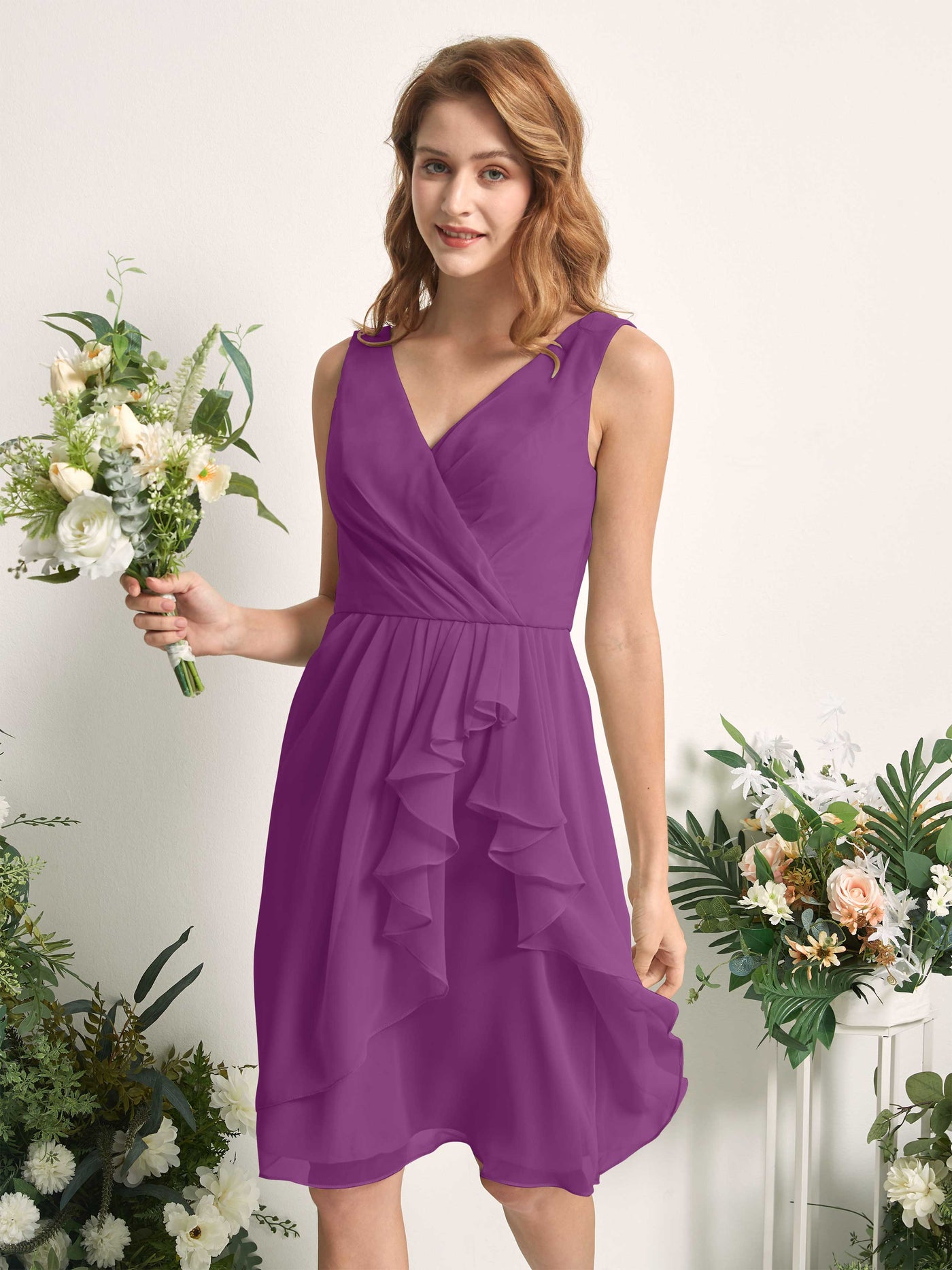 Bridesmaid Dress A-line Chiffon Straps Knee Length Sleeveless Wedding Party Dress - Purple (81226636)#color_purple