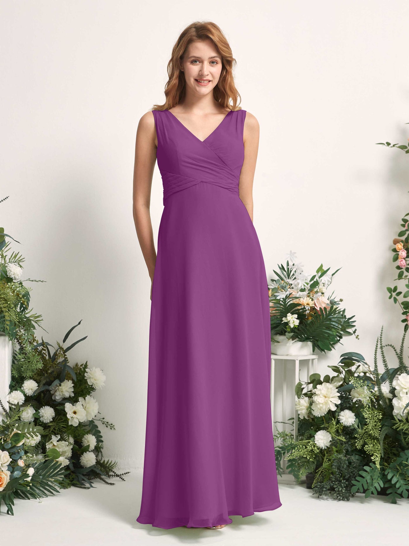 Bridesmaid Dress A-line Chiffon Straps Full Length Sleeveless Wedding Party Dress - Purple (81227336)#color_purple