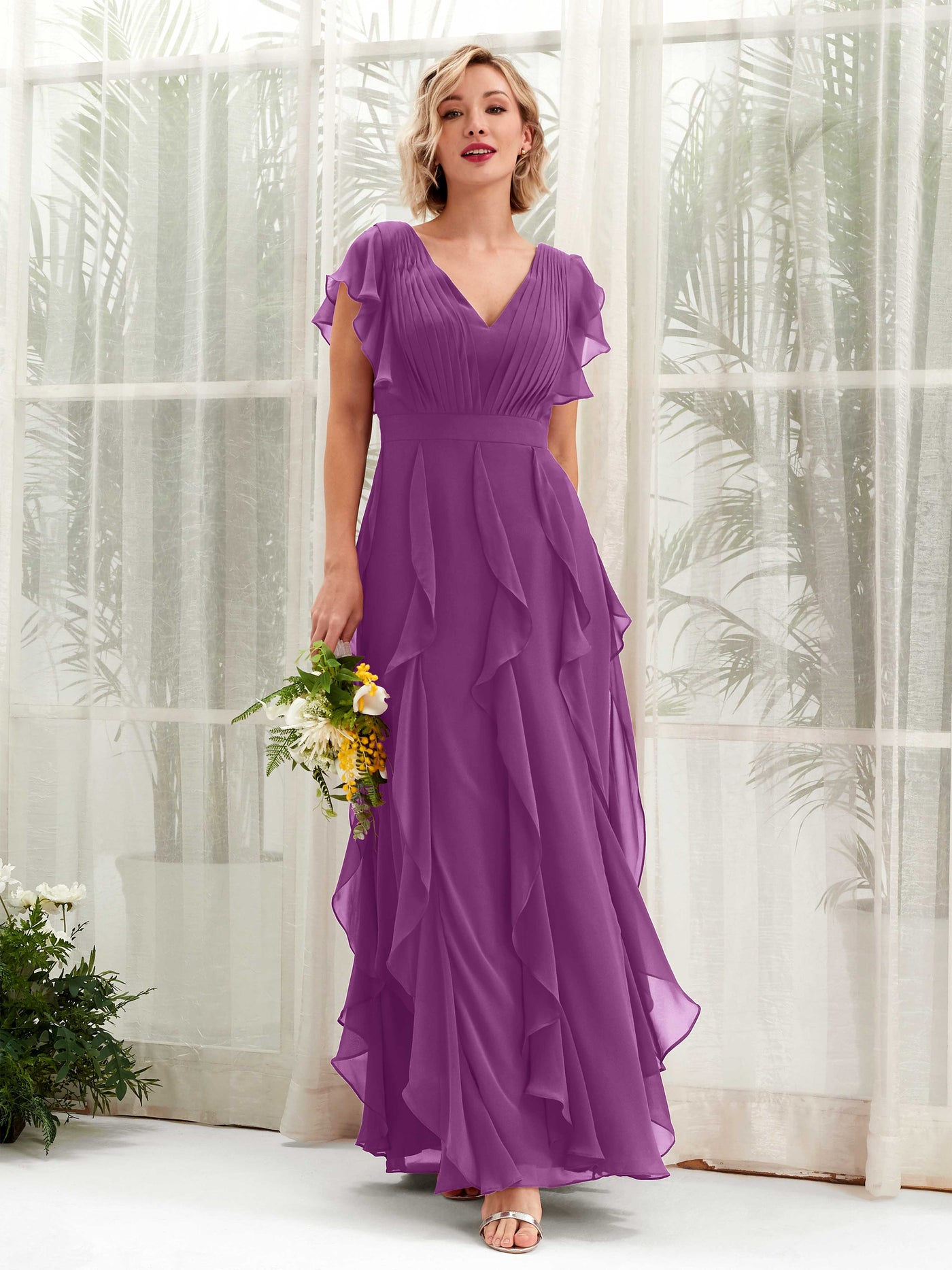 A-line Open back V-neck Short Sleeves Chiffon Bridesmaid Dress - Purple (81226036)#color_purple