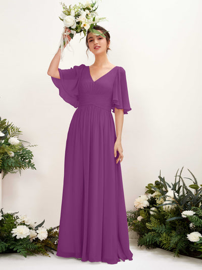 Carlyna Odette A-Line Purple Bridesmaid Dress Maxi Short Sleeve V-Neck Dress Front View #color_purple