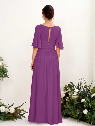 Carlyna Odette A-Line Purple Bridesmaid Dress Maxi Short Sleeve V-Neck Dress Back View #color_purple