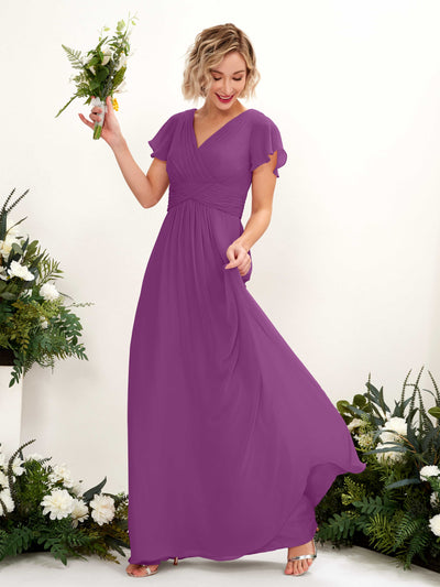 Carlyna Tolly A-Line Purple Bridesmaid Dress Maxi Cap Sleeve V-Neck Dress Front View #color_purple