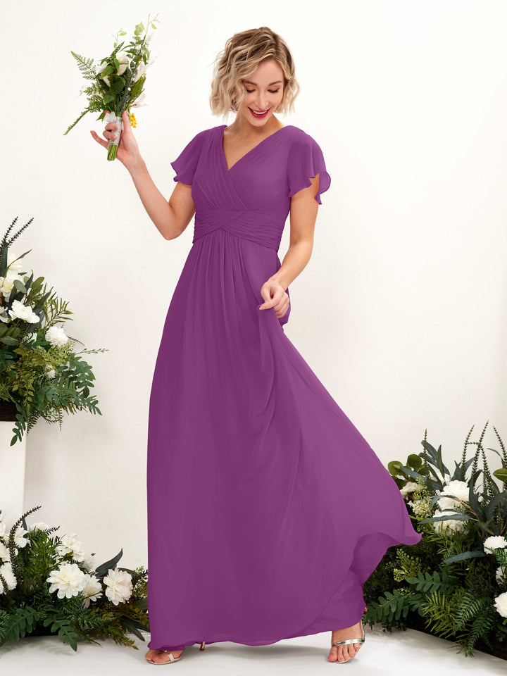 Purple Bridesmaid Dresses Bridesmaid Dress A-line Chiffon V-neck Full Length Short Sleeves Wedding Party Dress (81224336)